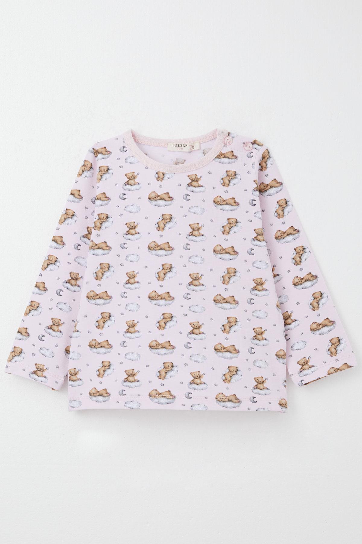 Breeze Kız Çocuk Pijama Takımı Gökyüzü Temalı Sevimli Ayıcık Desenli Pembe (1-3 Yaş)