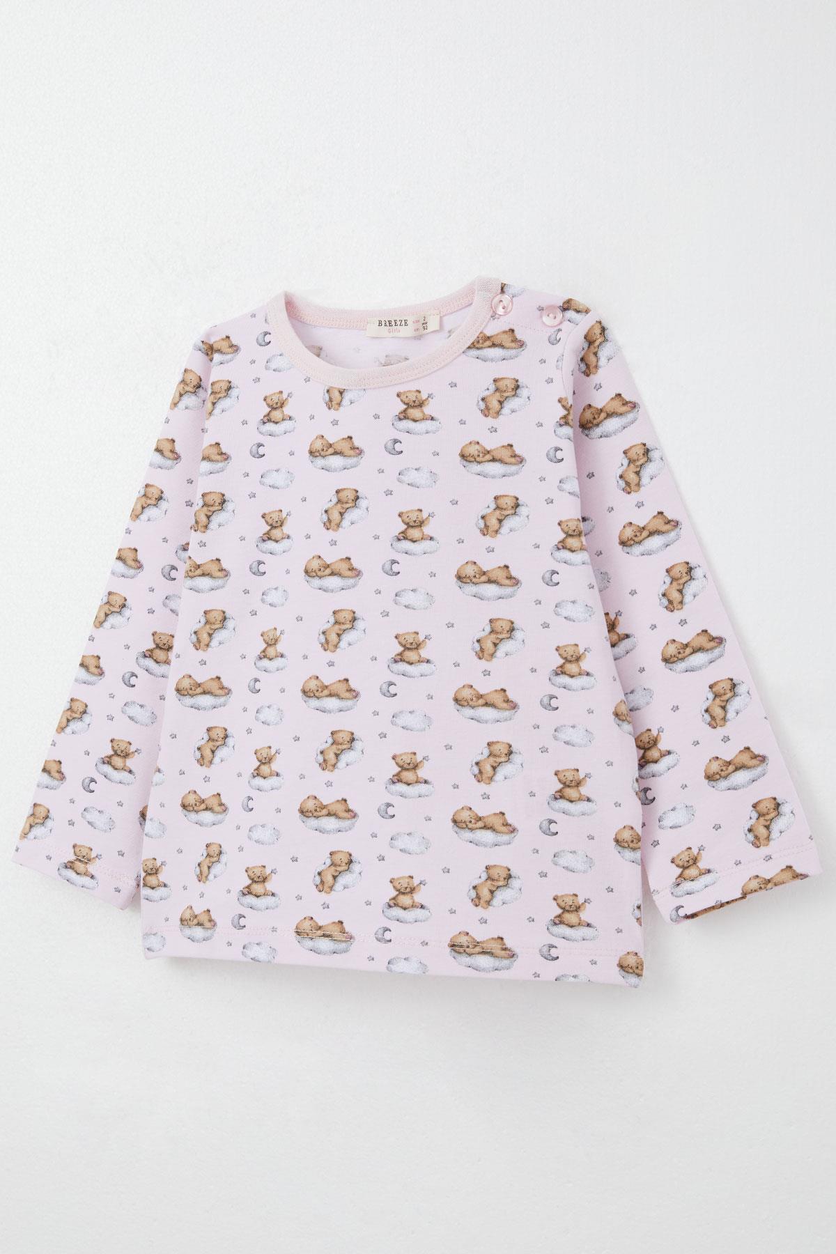 Breeze Kız Çocuk Pijama Takımı Gökyüzü Temalı Sevimli Ayıcık Desenli Pembe (1-3 Yaş)