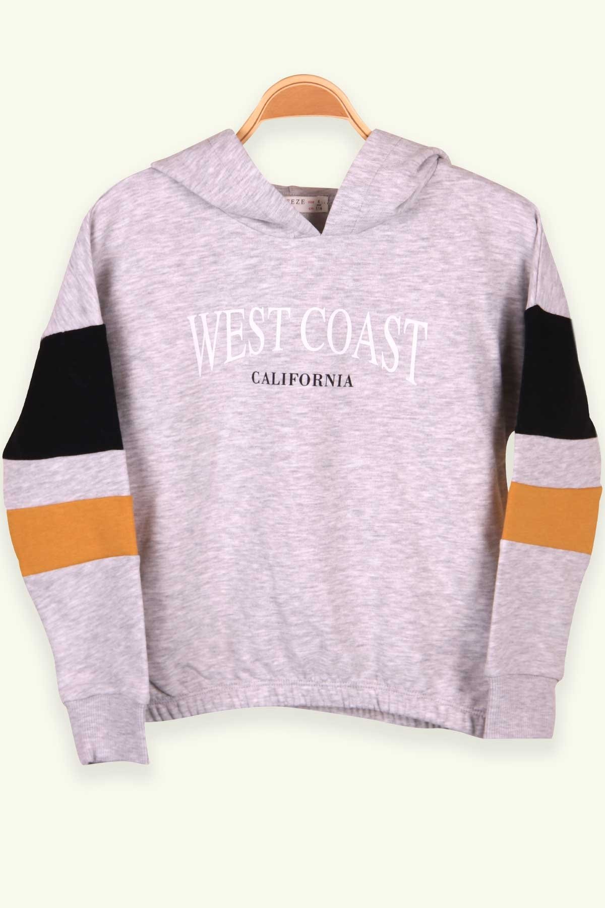 Breeze Kız Çocuk Sweatshirt Baskılı Kapüşonlu Açık Gri (6-14 Yaş)