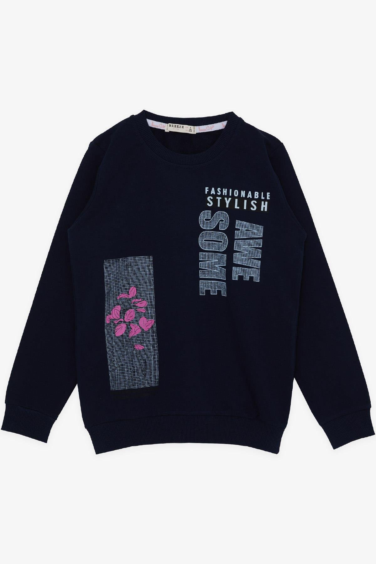 Breeze Kız Çocuk Sweatshirt Çiçek Baskılı Lacivert (6-12 Yaş)