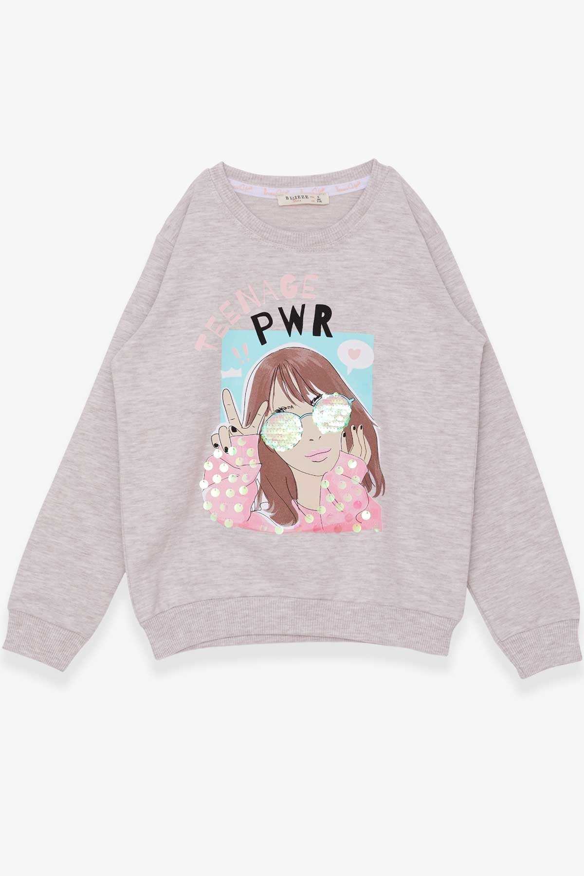 Breeze Kız Çocuk Sweatshirt Gözlüklü Pullu Kız Baskılı Bej Melanj (6-12 Yaş)