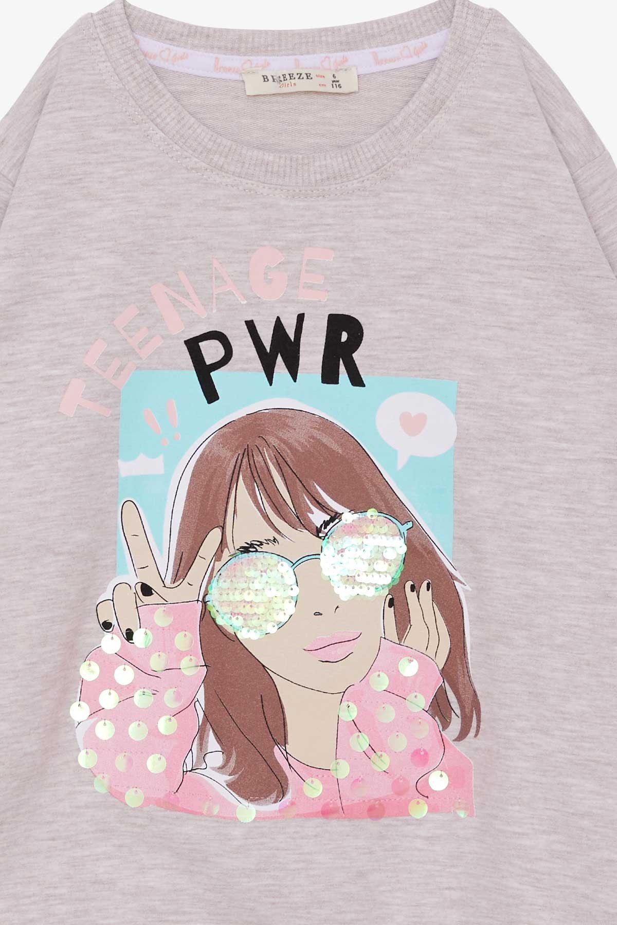 Breeze Kız Çocuk Sweatshirt Gözlüklü Pullu Kız Baskılı Bej Melanj (6-12 Yaş)