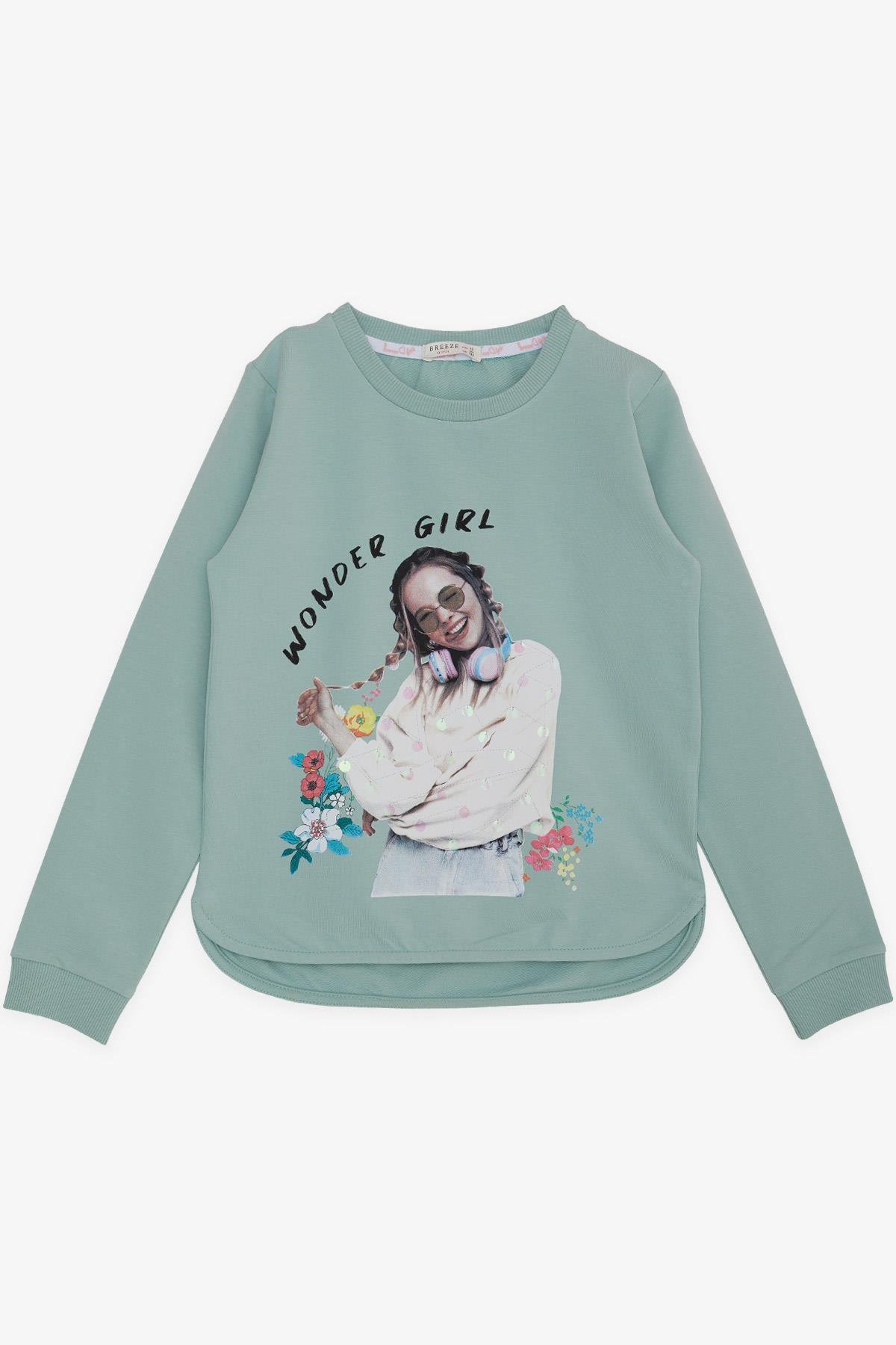 Breeze Kız Çocuk Sweatshirt Harika Kız Yazı Baskılı Çiçekli Su Yeşili (9-14 Yaş)