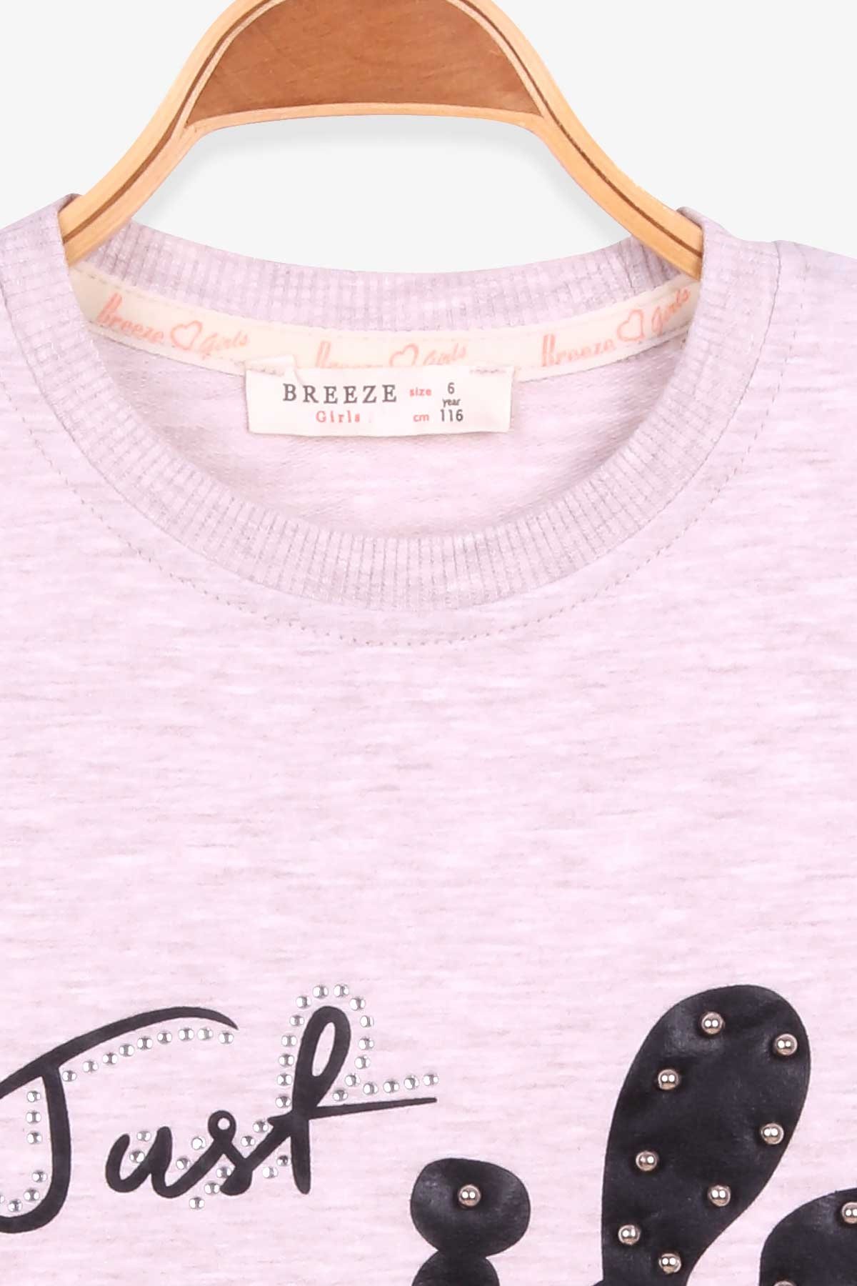 Breeze Kız Çocuk Sweatshirt İncili Taşlı Beli Bağcıklı Bej Melanj (6-12 Yaş)