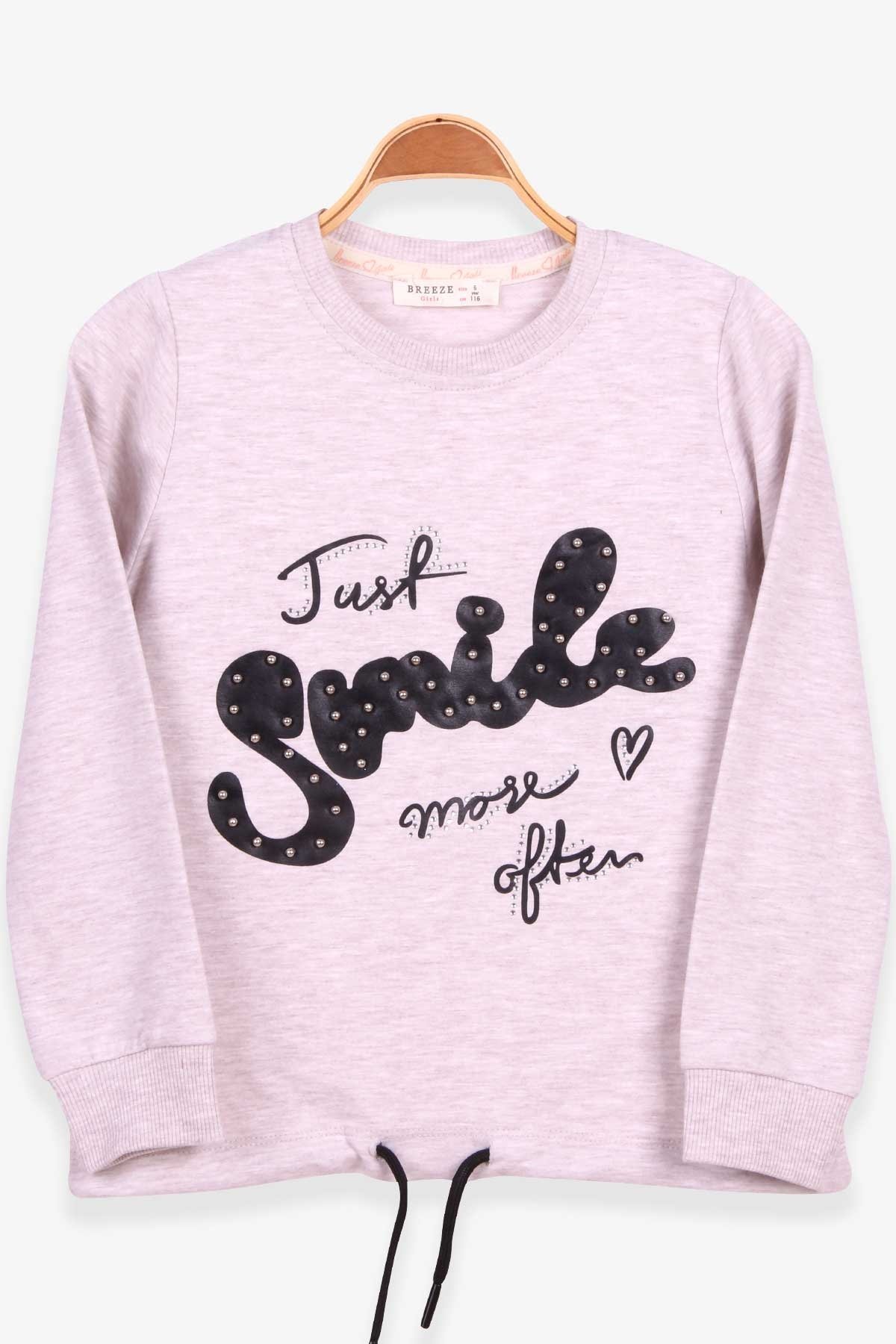 Breeze Kız Çocuk Sweatshirt İncili Taşlı Beli Bağcıklı Bej Melanj (6-12 Yaş)