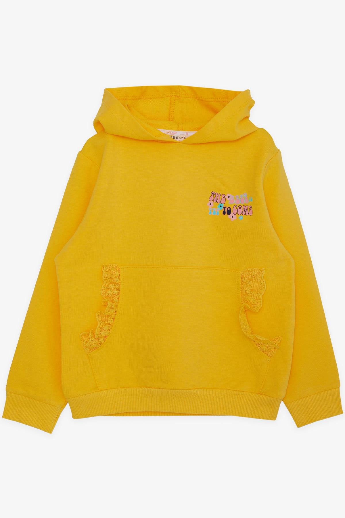 Breeze Kız Çocuk Sweatshirt Kanguru Cepli Yazı Baskılı Güpürlü Sarı (3-8 Yaş)