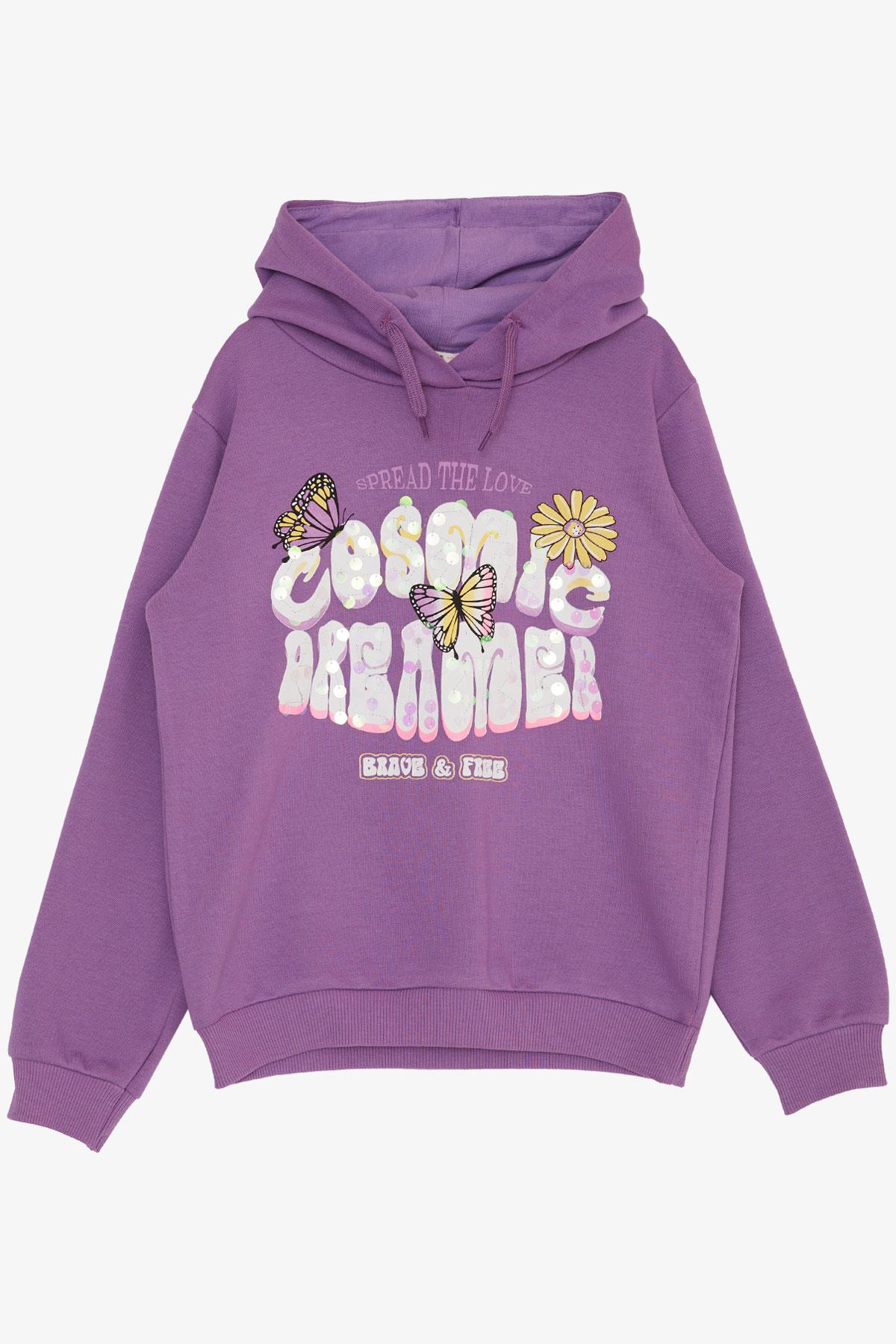 Breeze Kız Çocuk Sweatshirt Kelebek Baskılı Çiçekli Eflatun (7-12 Yaş)