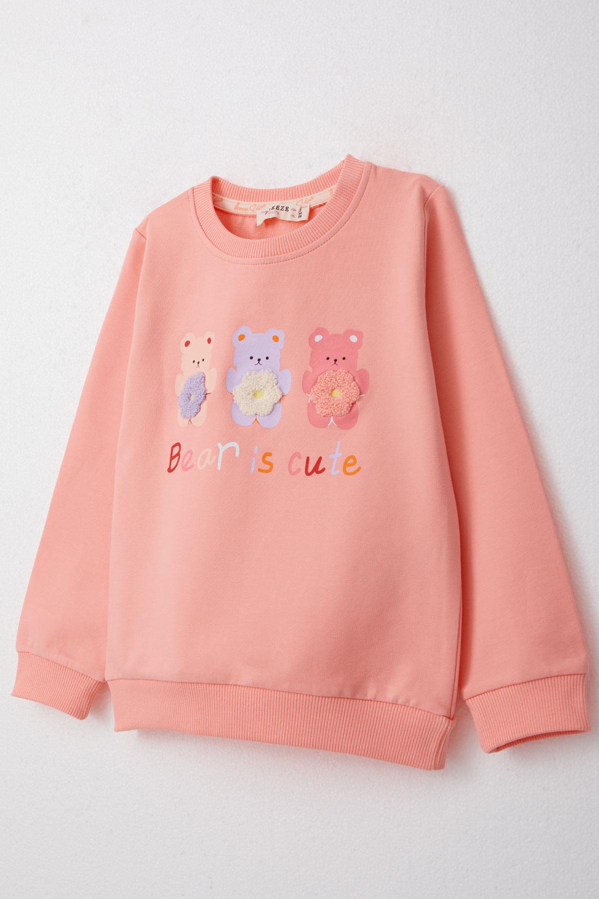 Breeze Kız Çocuk Sweatshirt Sevimli Ayıcıklar Baskılı Somon (1.5-5 Yaş)
