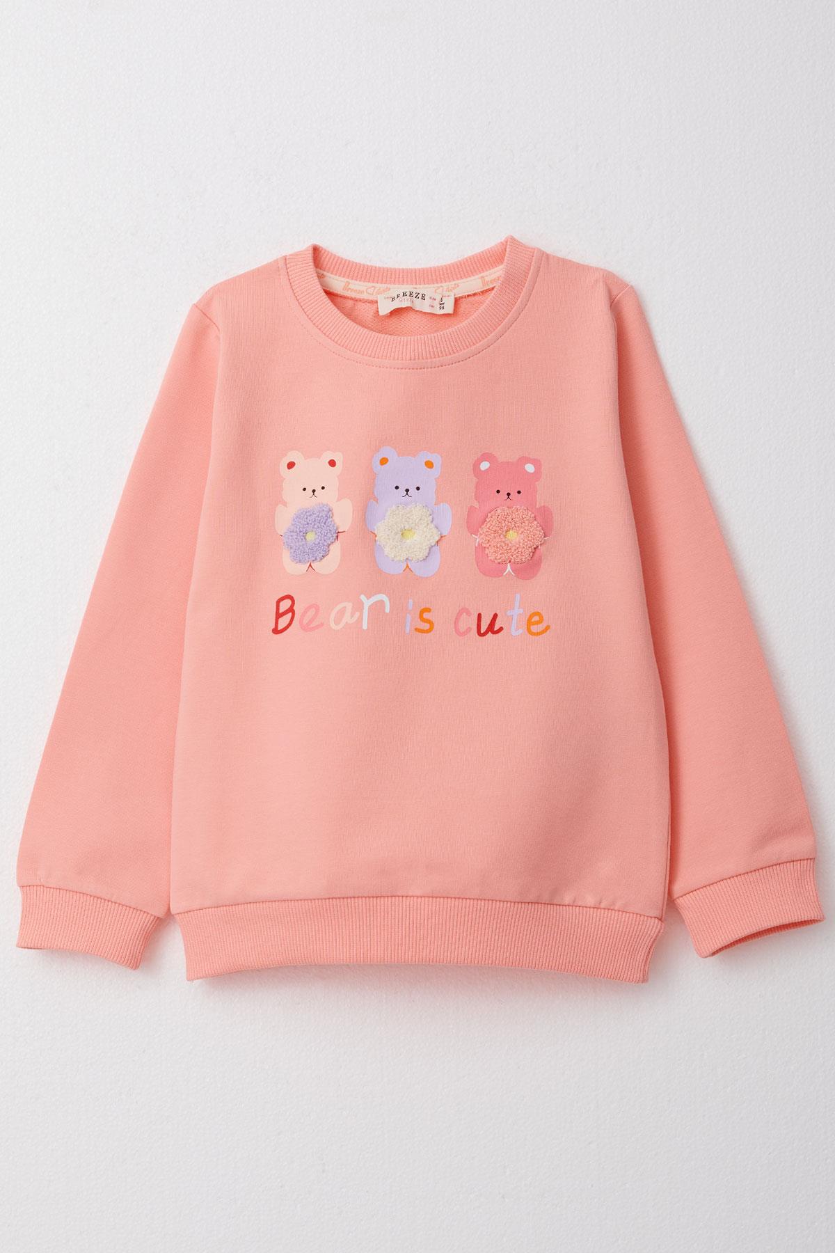 Breeze Kız Çocuk Sweatshirt Sevimli Ayıcıklar Baskılı Somon (1.5-5 Yaş)