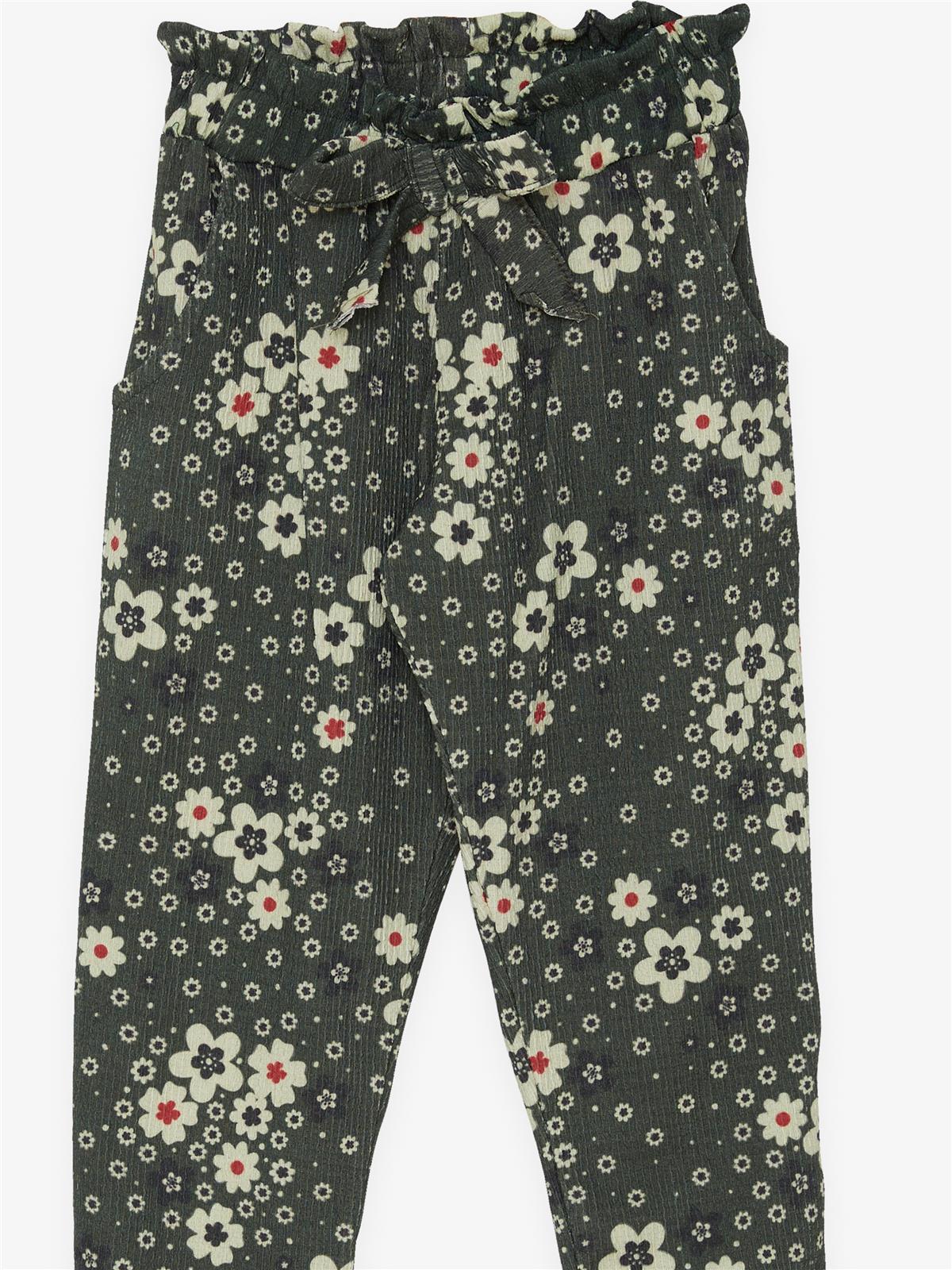 Breeze Kız Çocuk Tayt Pantolon Fiyonklu Çiçekli Haki Yeşil (1.5-5 Yaş)