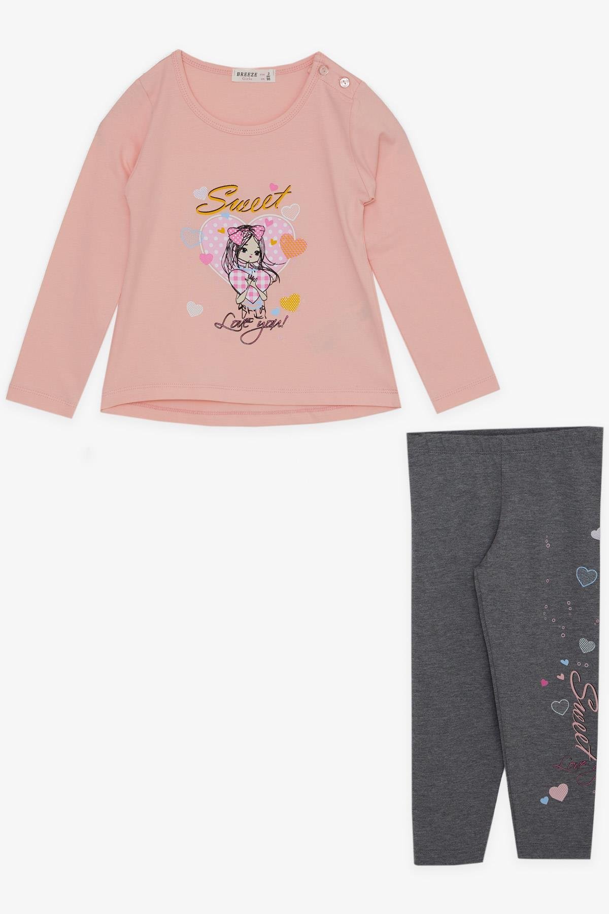Breeze Kız Çocuk Taytlı Takım Sevimli Kız Baskılı Kalpli Pembe (2-6 Yaş)