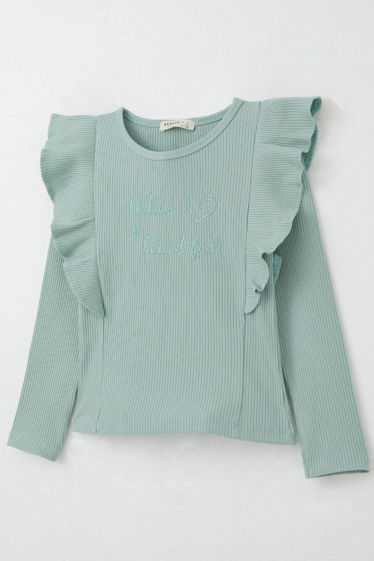 Breeze Kız Çocuk Taytlı Takım Yazı Nakışlı Paçası Yırtmaçlı Mint Yeşili (4-8 Yaş)