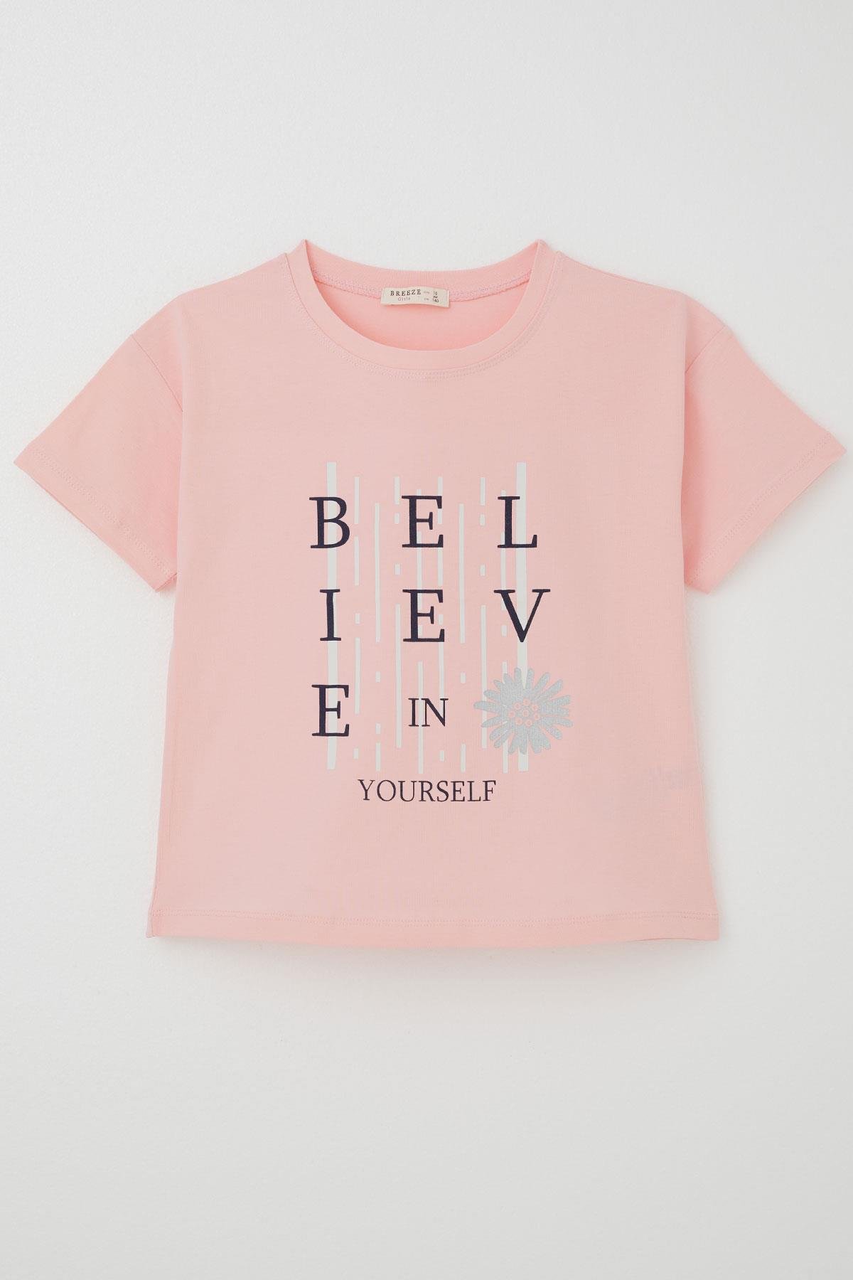 Breeze Kız Çocuk Tişört Crop Slogan Temalı Çiçek Baskılı Pembe (9-14 Yaş)
