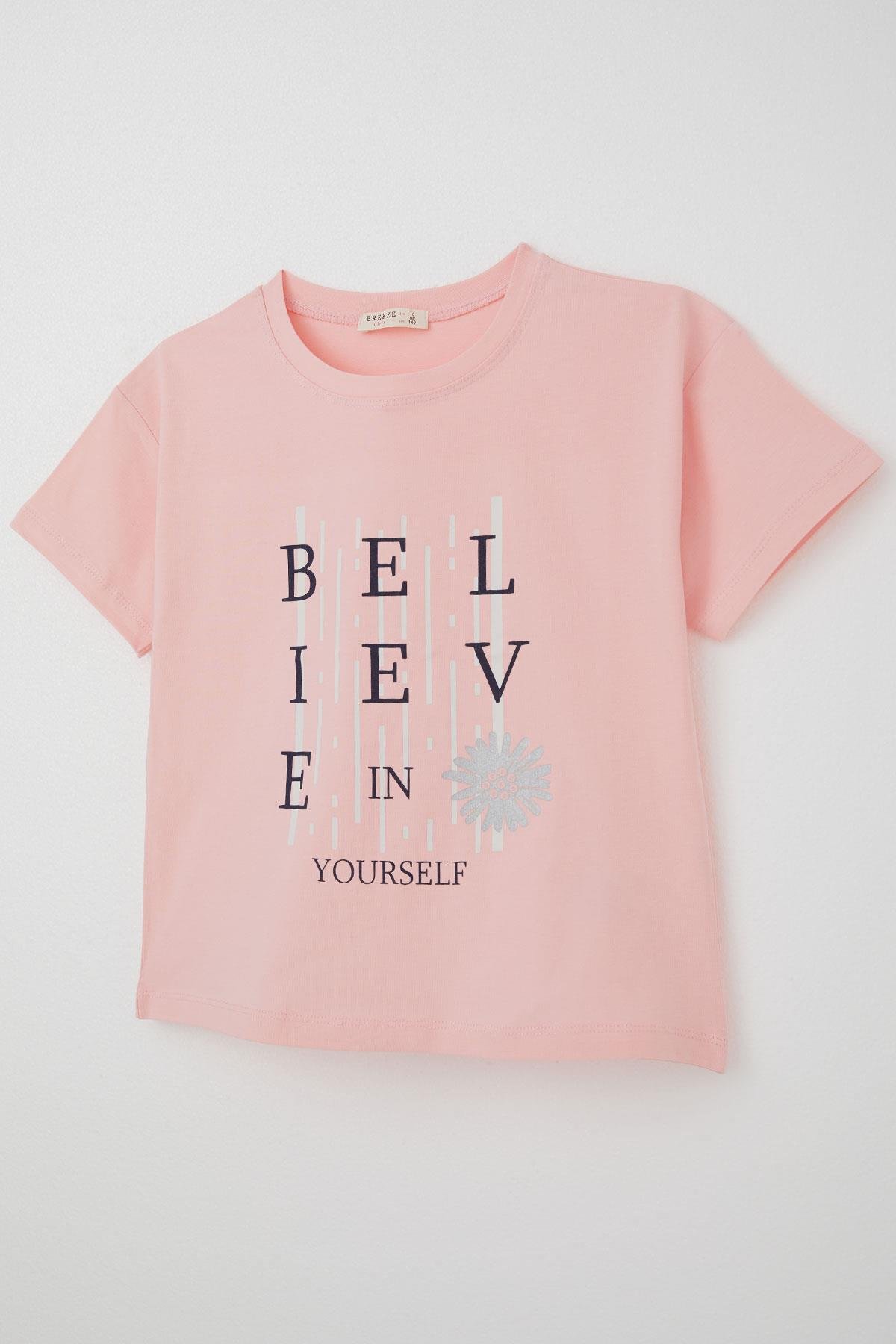 Breeze Kız Çocuk Tişört Crop Slogan Temalı Çiçek Baskılı Pembe (9-14 Yaş)