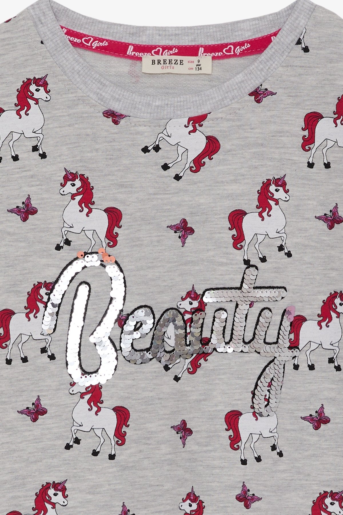 Breeze Kız Çocuk Tunik Unicorn Desenli Açık Gri Melanj (4-9 Yaş)