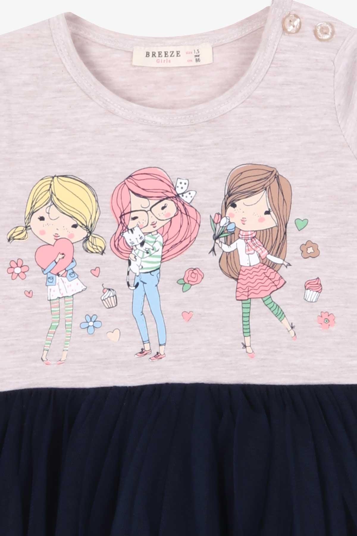 Breeze Kız Çocuk Uzun Kollu Elbise Baskılı Bej Melanj (1.5-5 Yaş)