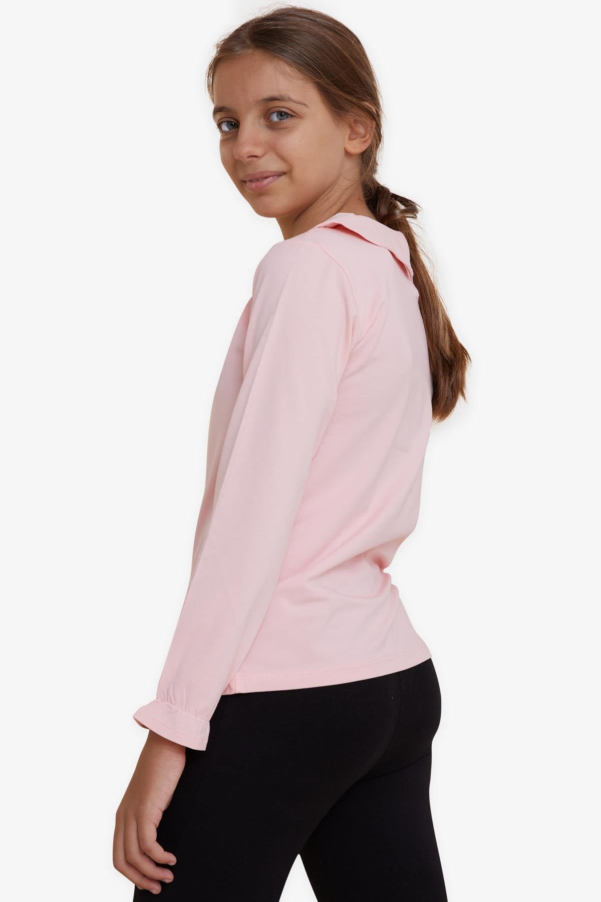 Breeze Kız Çocuk Uzun Kollu Tişört Armalı Kolları Lastikli Pembe (6-12 Yaş)