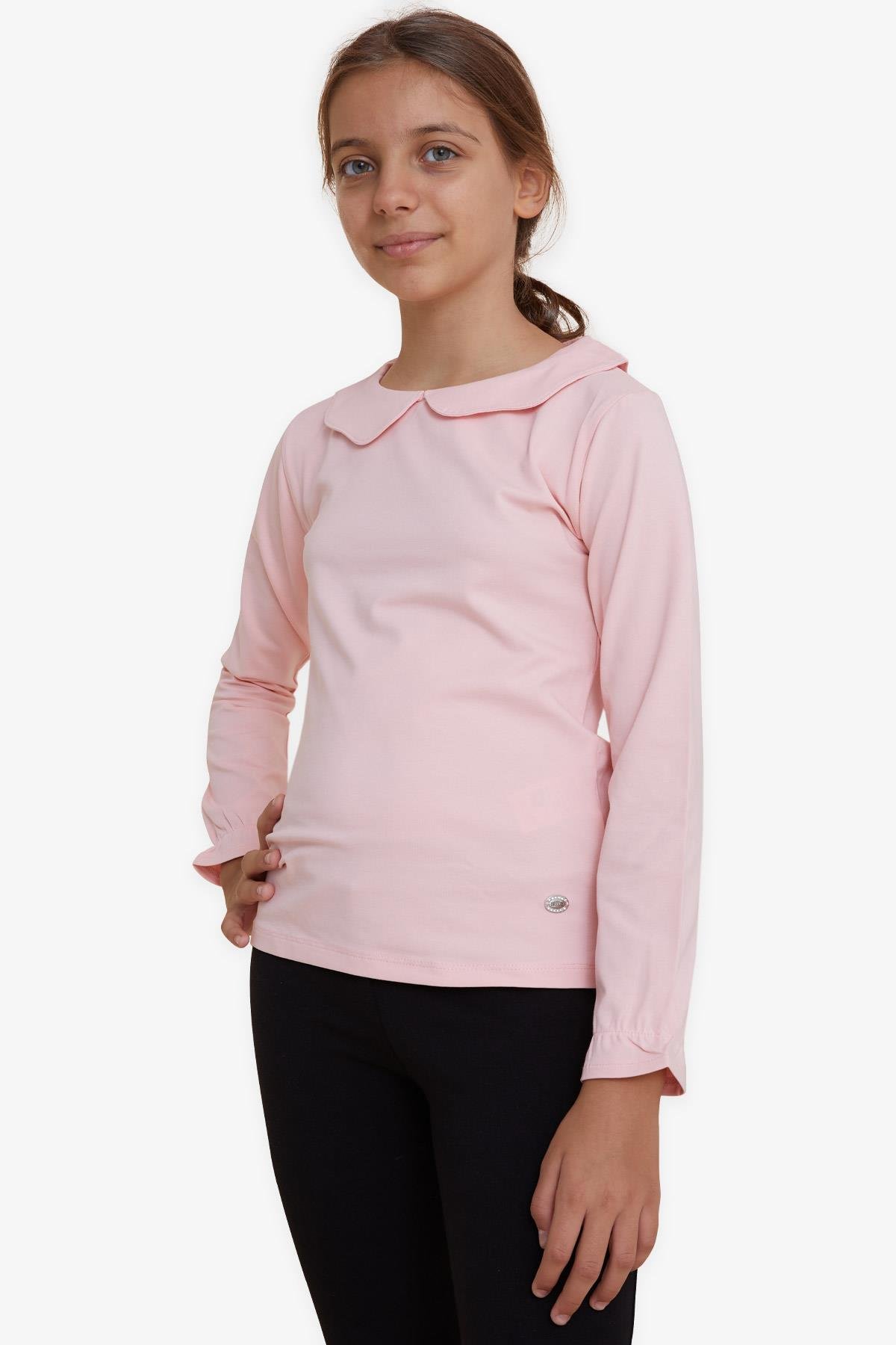 Breeze Kız Çocuk Uzun Kollu Tişört Armalı Kolları Lastikli Pembe (6-12 Yaş)