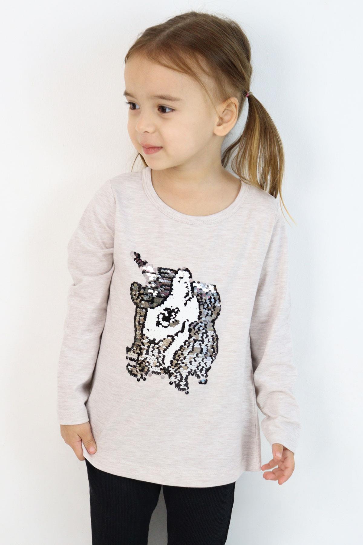 Breeze Kız Çocuk Uzun Kollu Tişört Pullu Unicorn Bej Melanj (4-8 Yaş)