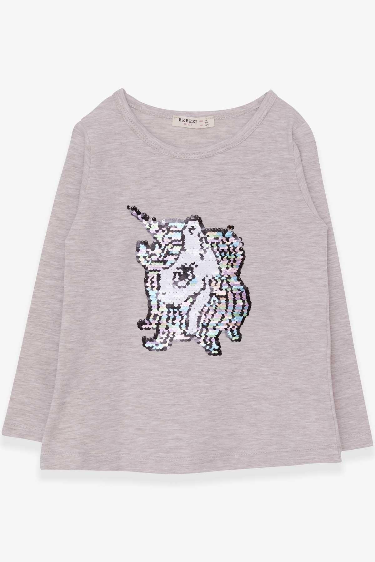 Breeze Kız Çocuk Uzun Kollu Tişört Pullu Unicorn Bej Melanj (4-8 Yaş)