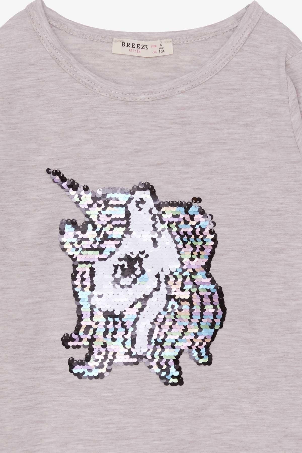 Breeze Kız Çocuk Uzun Kollu Tişört Pullu Unicorn Bej Melanj (4-8 Yaş)