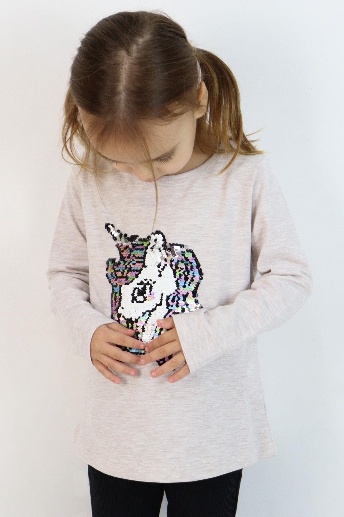 Breeze Kız Çocuk Uzun Kollu Tişört Pullu Unicorn Bej Melanj (4-8 Yaş)