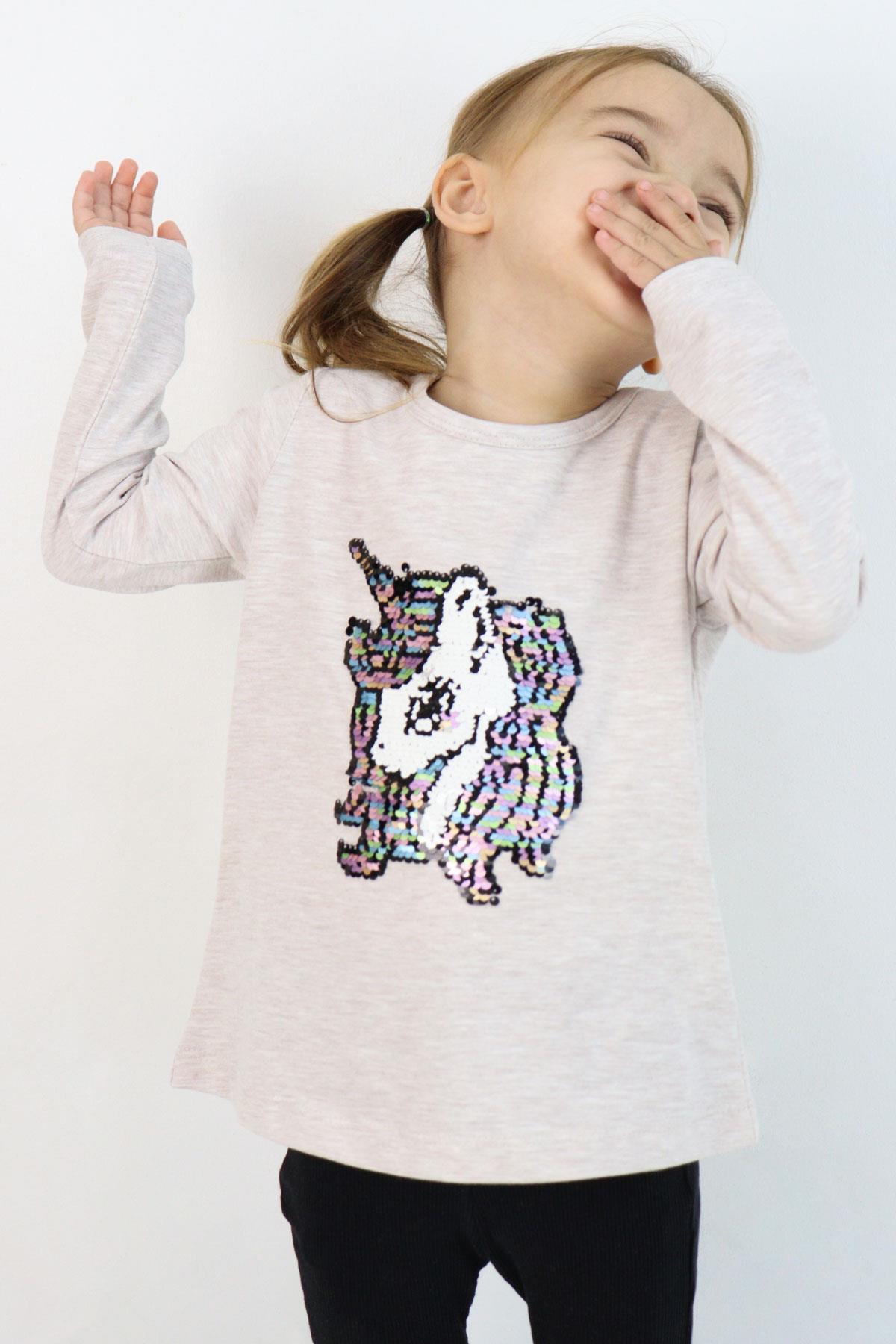 Breeze Kız Çocuk Uzun Kollu Tişört Pullu Unicorn Bej Melanj (4-8 Yaş)