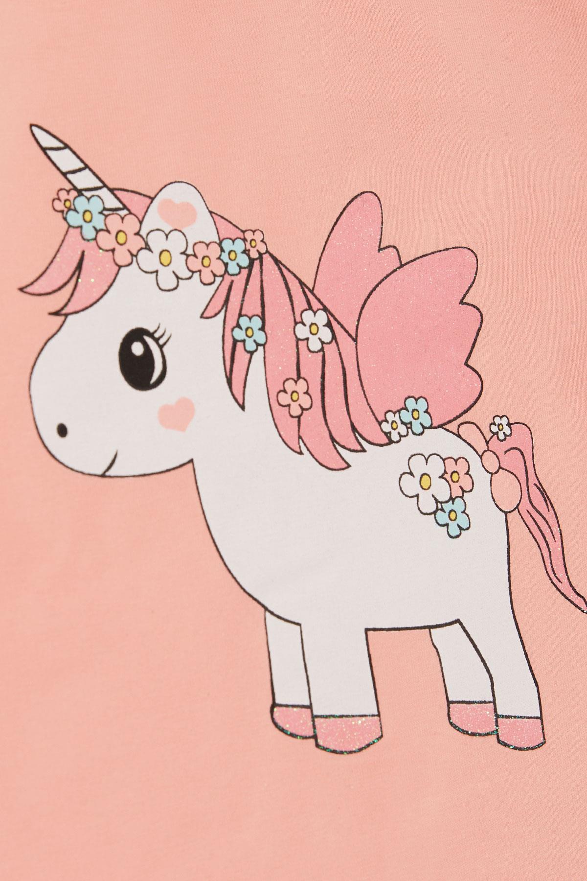 Breeze Kız Çocuk Uzun Kollu Tişört Unicorn Baskılı Somon (1-4 Yaş)