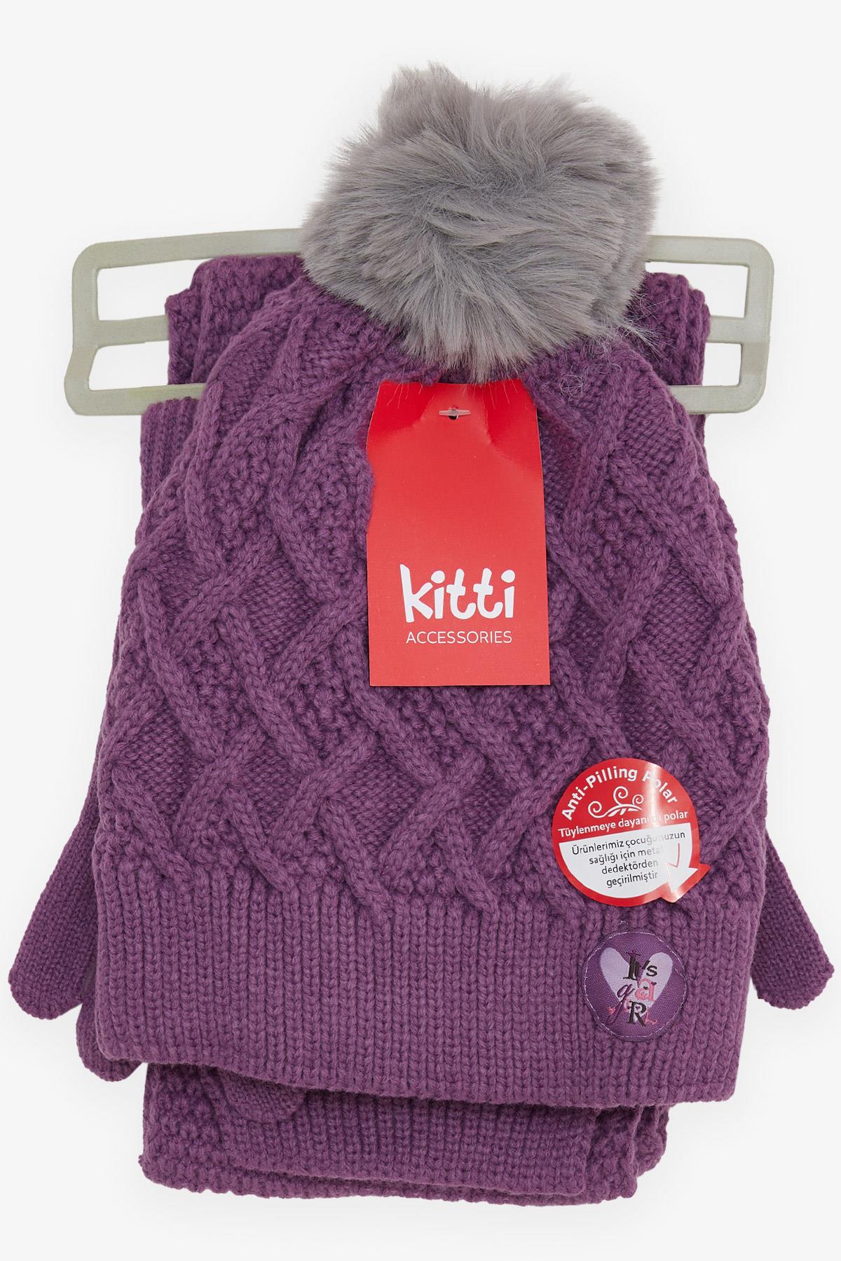 KİTTİ Kız Çocuk Atkı Bere Takımı 3 lü Set Kalp Armalı Ponponlu Mor (9-15 Yaş)