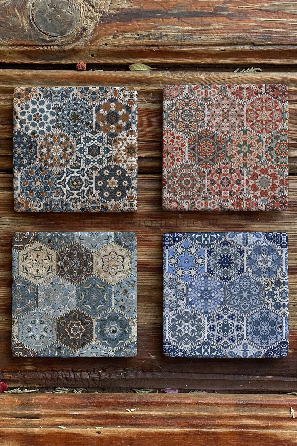 Baskılı Doğaltaş Bardak Altlığı 4'lü Set Desen Tile -OSCAR STONE DECOR COASTER SET