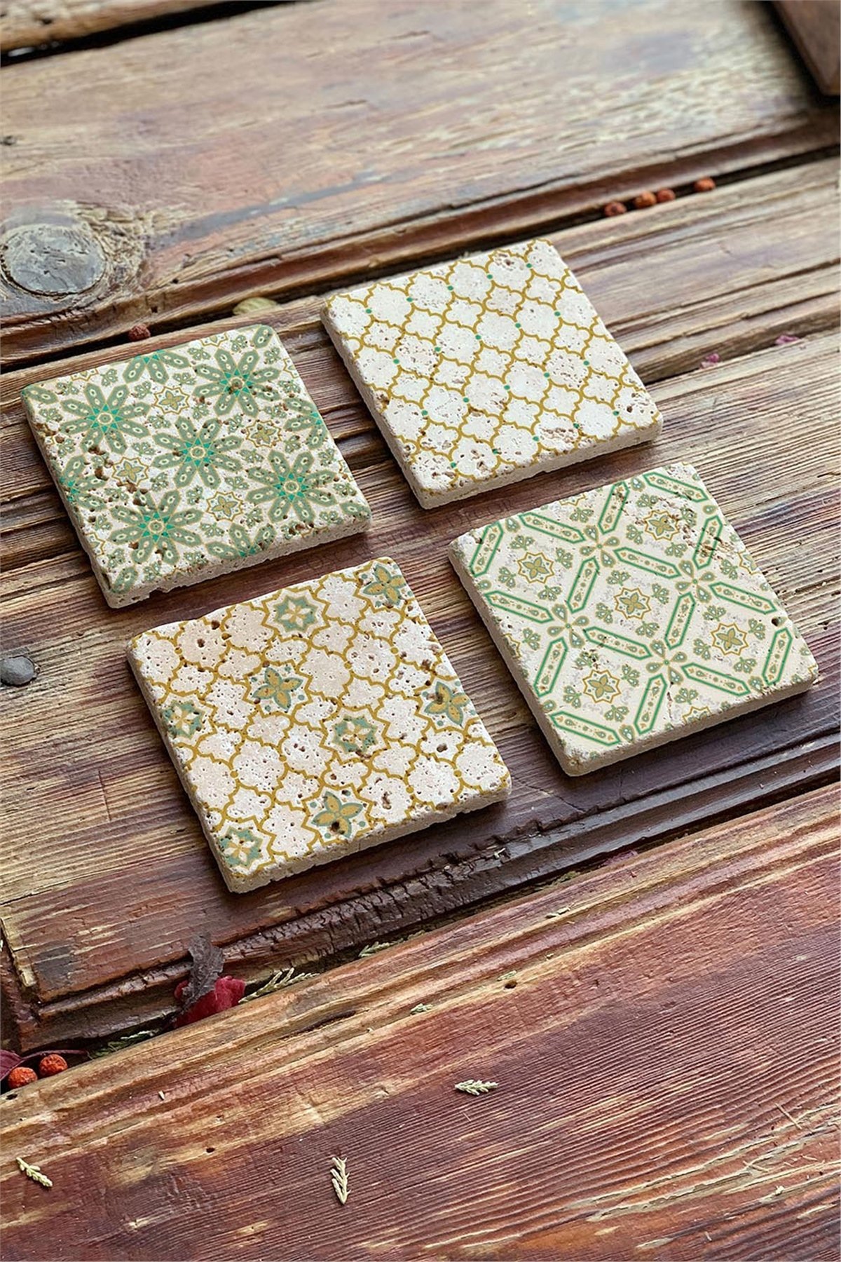 Desen Baskılı Doğaltaş Bardak Altlığı 4'lü Set  Tile -OSCAR STONE DECOR COASTER SET