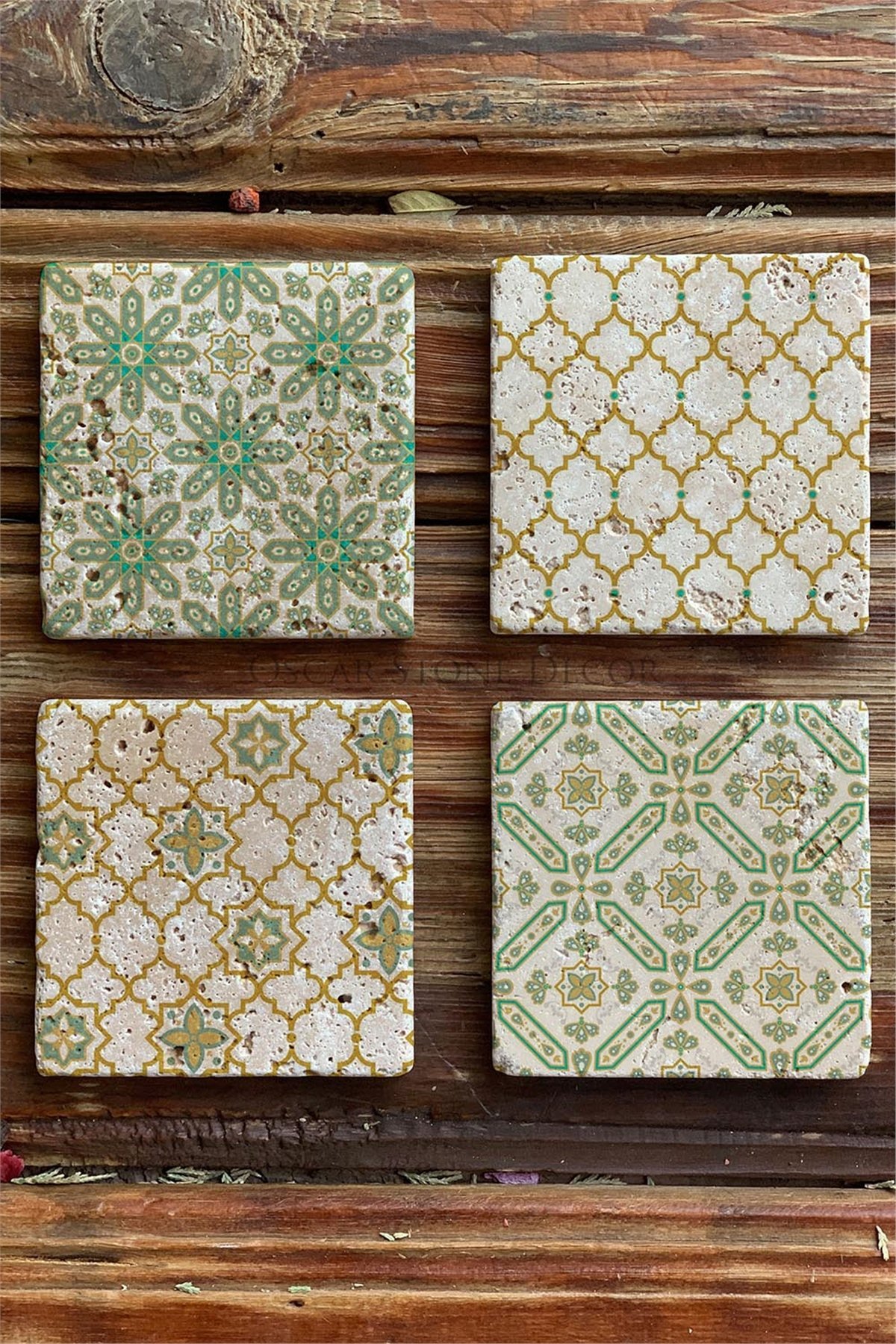 Desen Baskılı Doğaltaş Bardak Altlığı 4'lü Set  Tile -OSCAR STONE DECOR COASTER SET