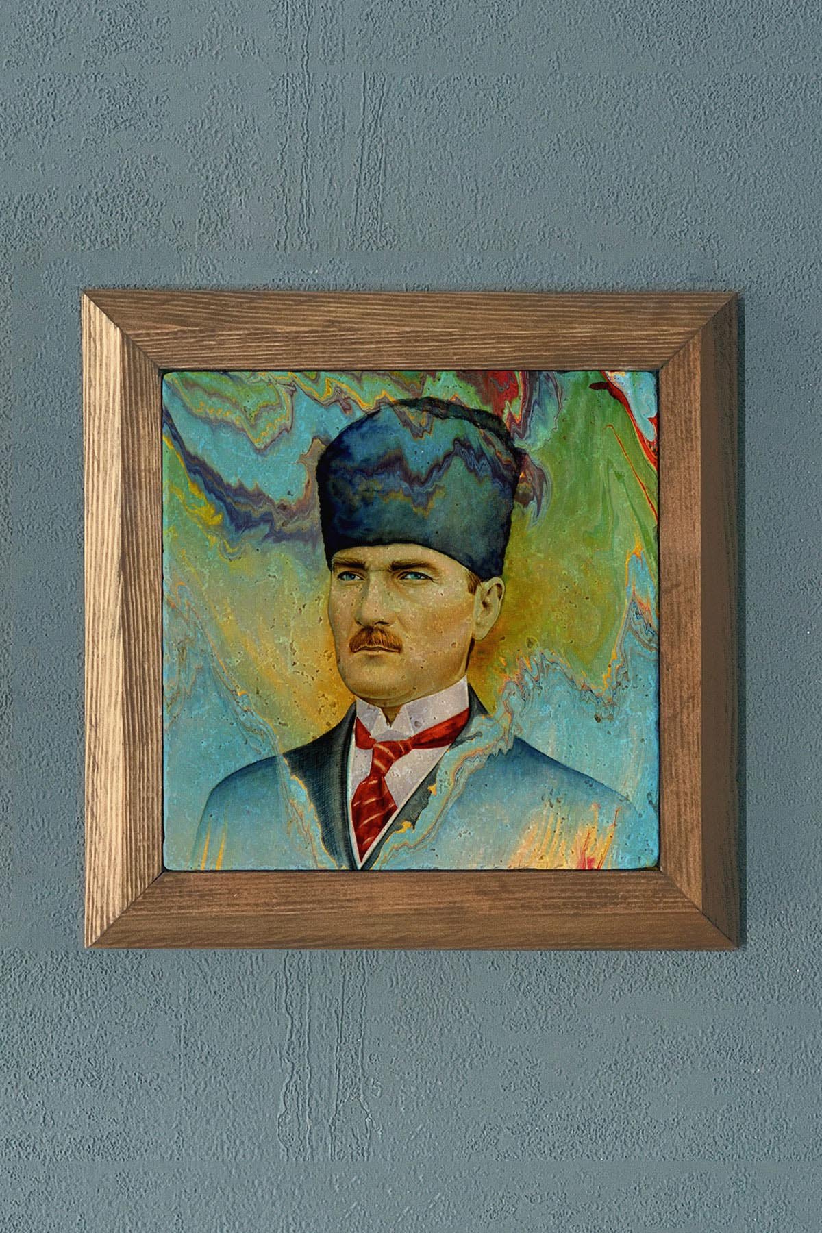 Masif Çerçeveli Atatürk Doğaltaş Tablo Pano Oscar Stone Decor 28X28 CM