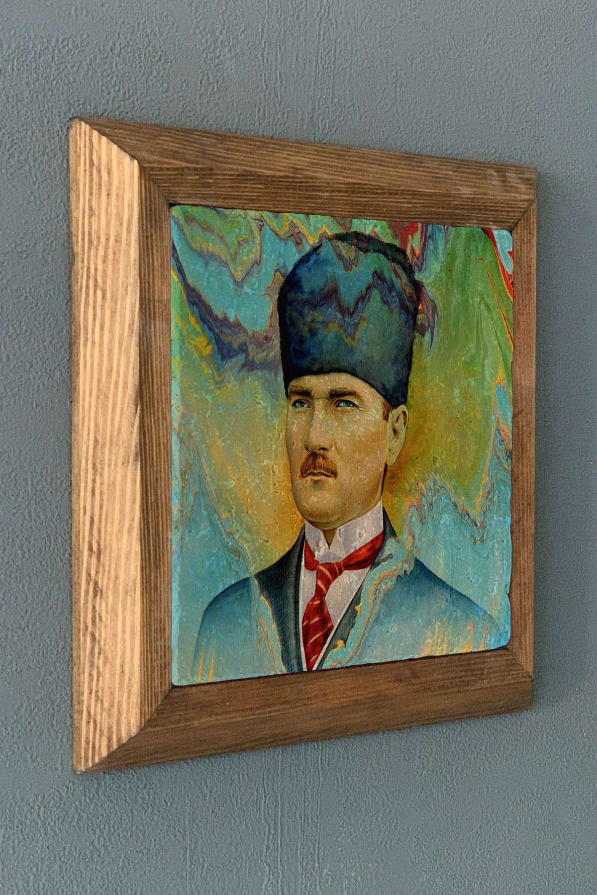 Masif Çerçeveli Atatürk Doğaltaş Tablo Pano Oscar Stone Decor 28X28 CM