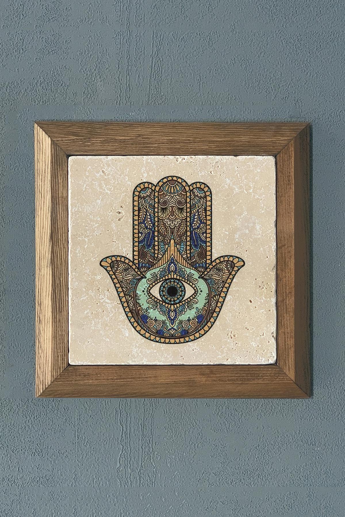 Masif Çerçeveli Fatma Ana Eli (Bereket Nazar) Doğaltaş Tablo Pano Oscar Stone Decor 28X28 CM