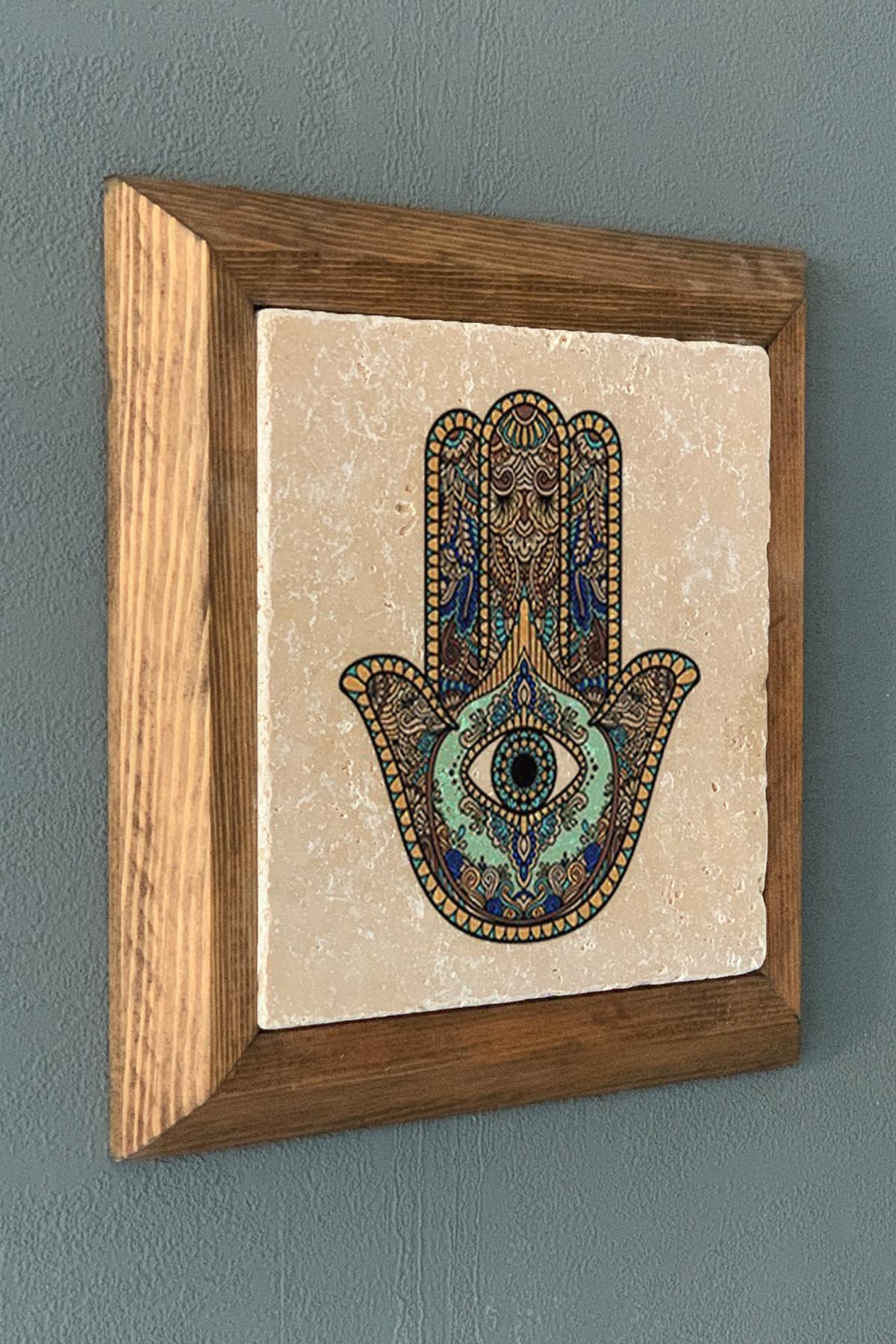 Masif Çerçeveli Fatma Ana Eli (Bereket Nazar) Doğaltaş Tablo Pano Oscar Stone Decor 28X28 CM