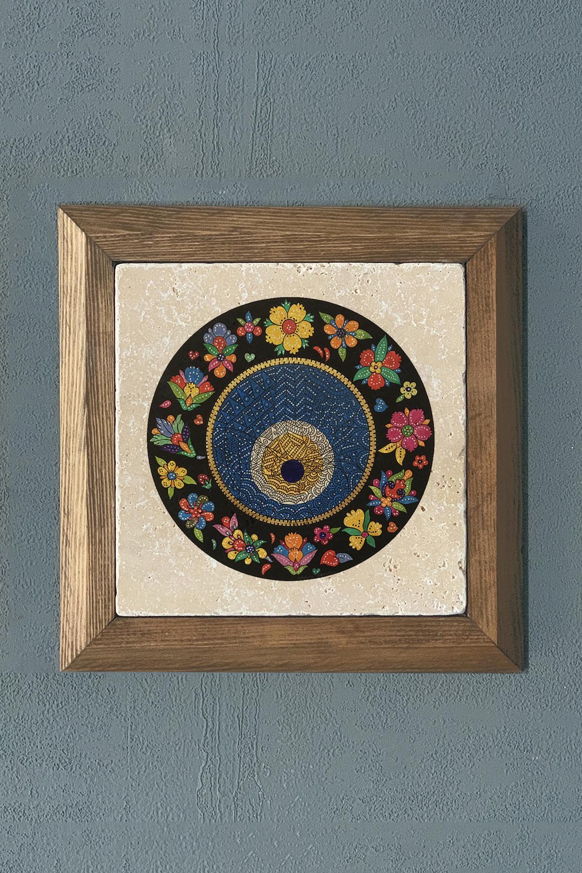 Masif Çerçeveli Nazar Boncuğu Doğaltaş Tablo Oscar Stone Decor 28x28 cm