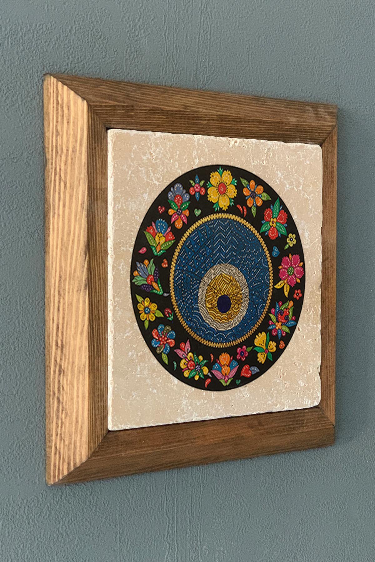 Masif Çerçeveli Nazar Boncuğu Doğaltaş Tablo Oscar Stone Decor 28x28 cm