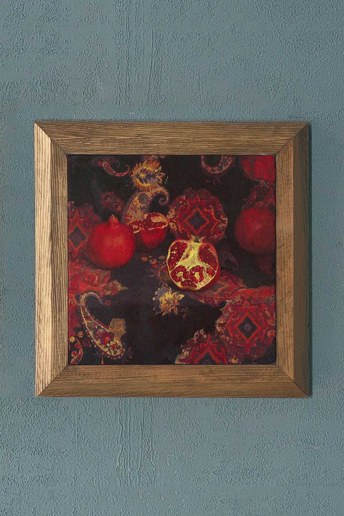 NAR TEMALI AHŞAP Çerçeveli Taş Tablo-Wall Decor- Oscar Stone Decor 28X28 CM