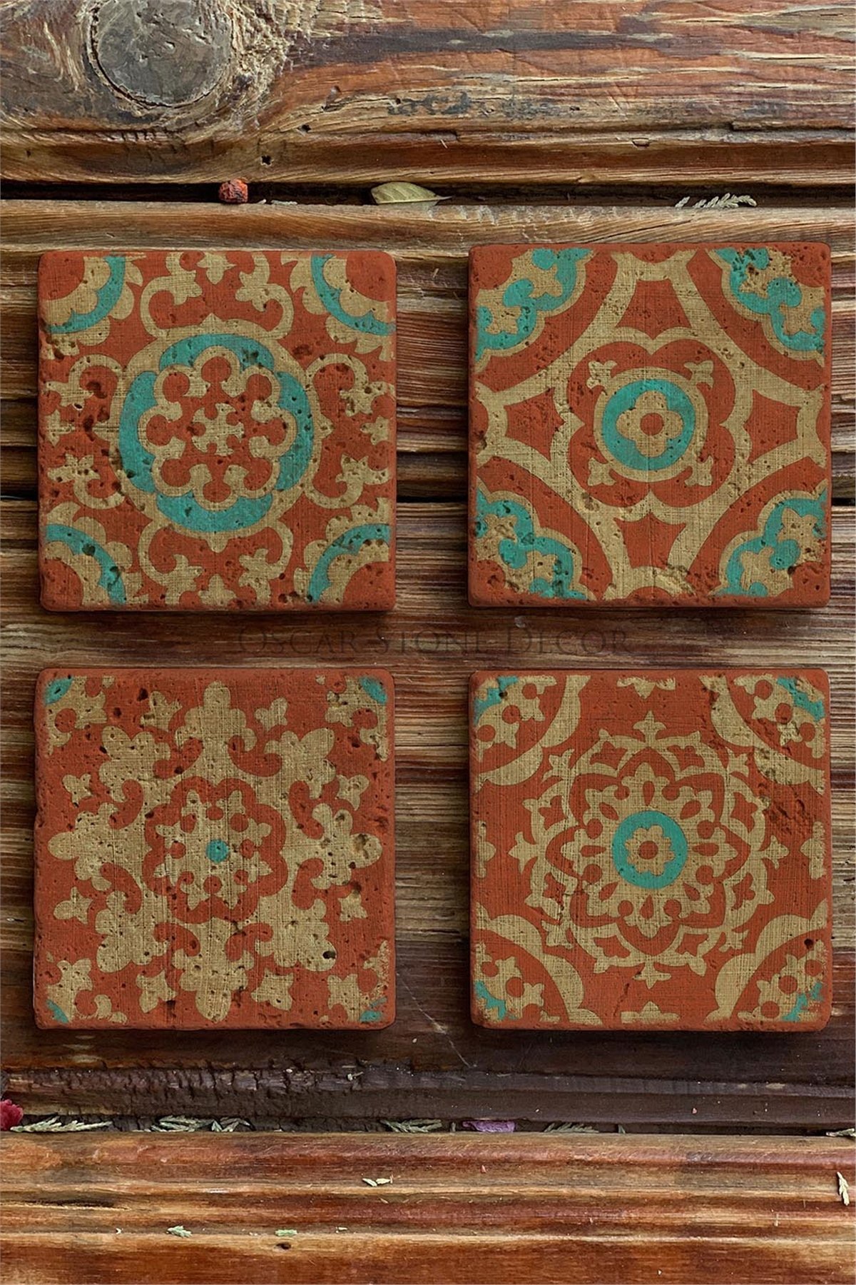 Oscar Stone Decor Baskılı Doğaltaş Bardak Altlığı 4'lü Set  Desen Tile