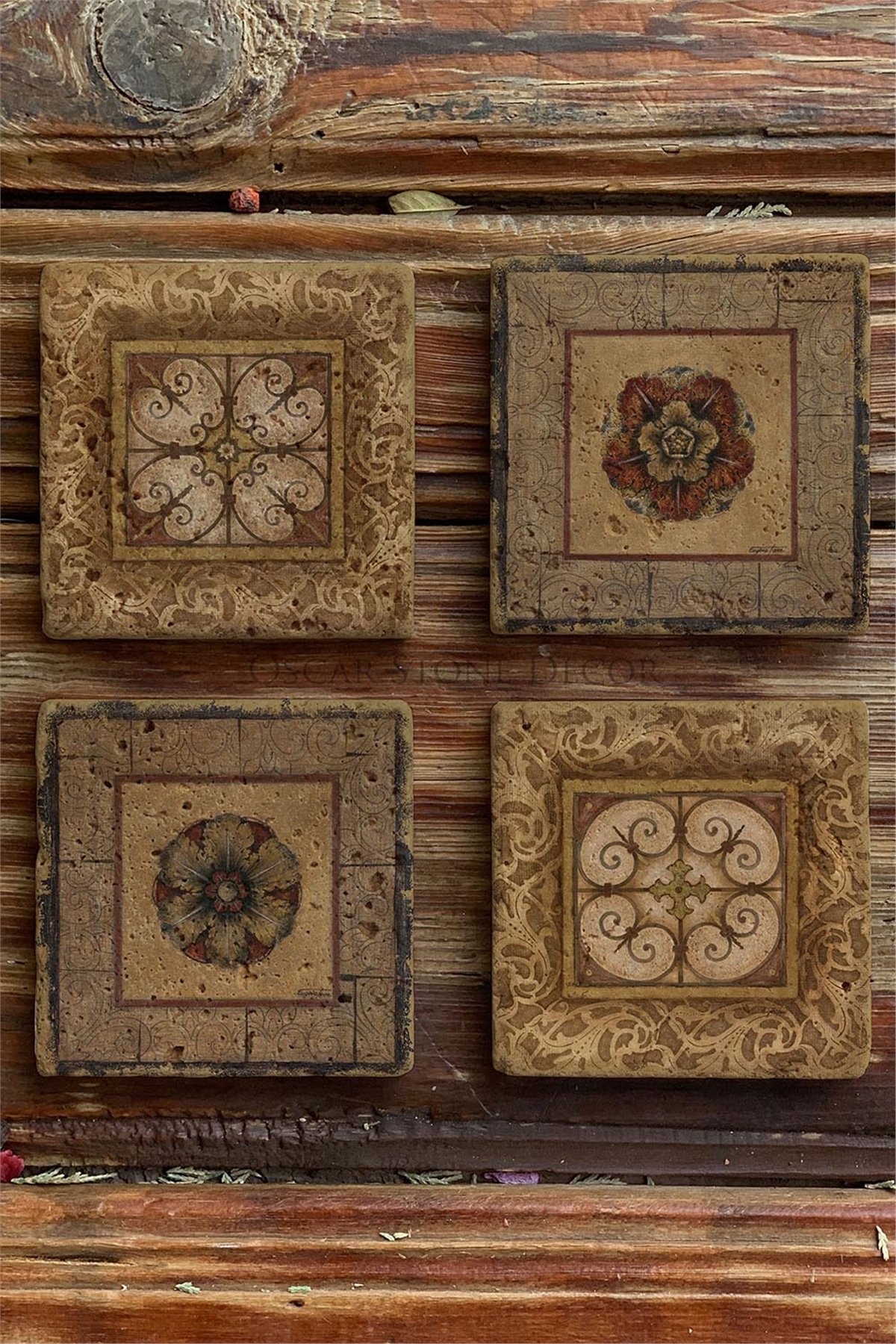 Oscar Stone Decor Baskılı Doğaltaş Bardak Altlığı 4'lü Set Desen Tile
