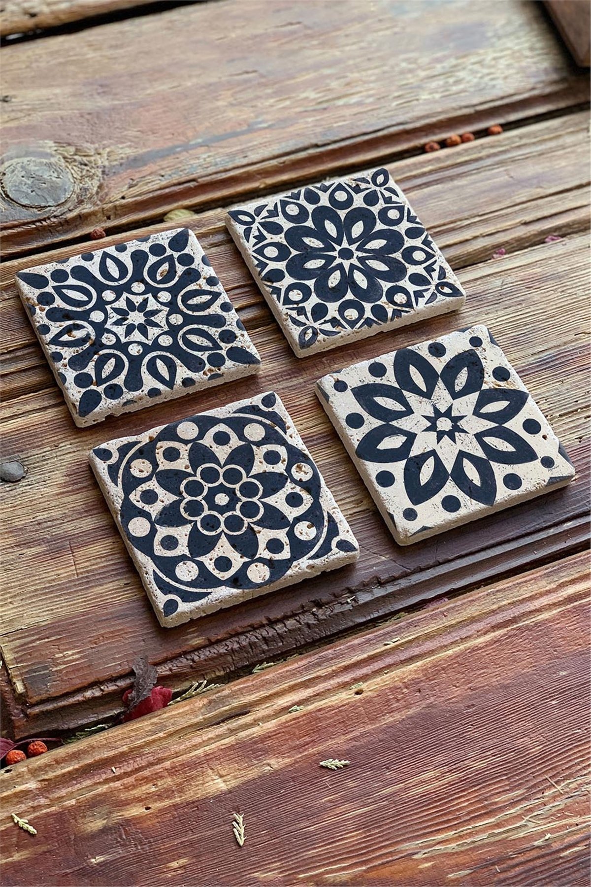Oscar Stone Decor Baskılı Doğaltaş Bardak Altlığı 4'lü Set Desen Tile