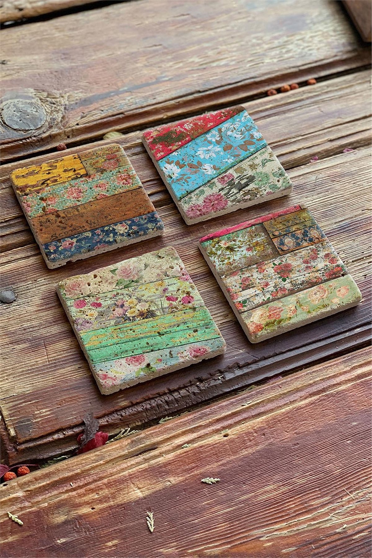 Oscar Stone Decor Baskılı Doğaltaş Bardak Altlığı 4'lü Set Desen Tile