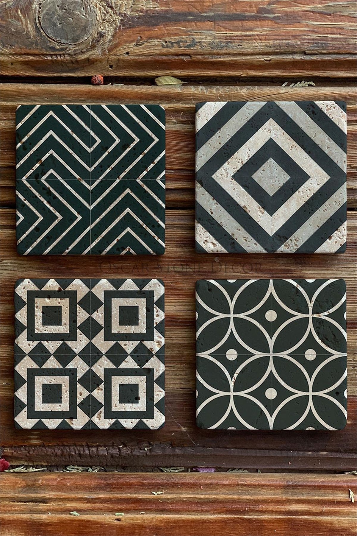 Oscar Stone Decor Baskılı Doğaltaş Bardak Altlığı 4'lü Set Desen Tile
