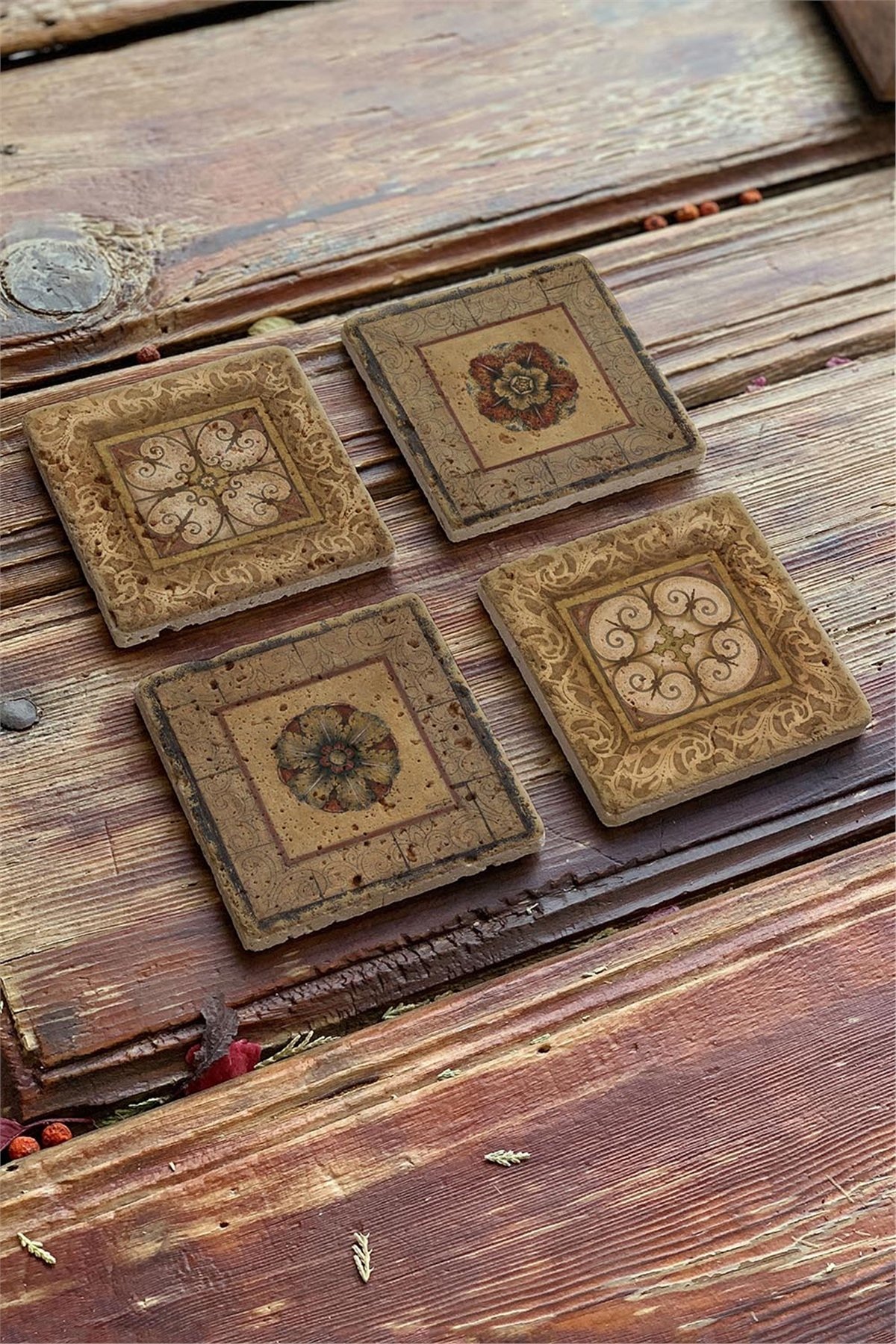 Oscar Stone Decor Baskılı Doğaltaş Bardak Altlığı 4'lü Set Desen Tile