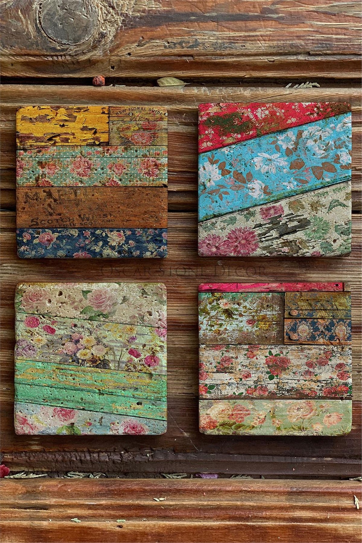 Oscar Stone Decor Baskılı Doğaltaş Bardak Altlığı 4'lü Set Desen Tile