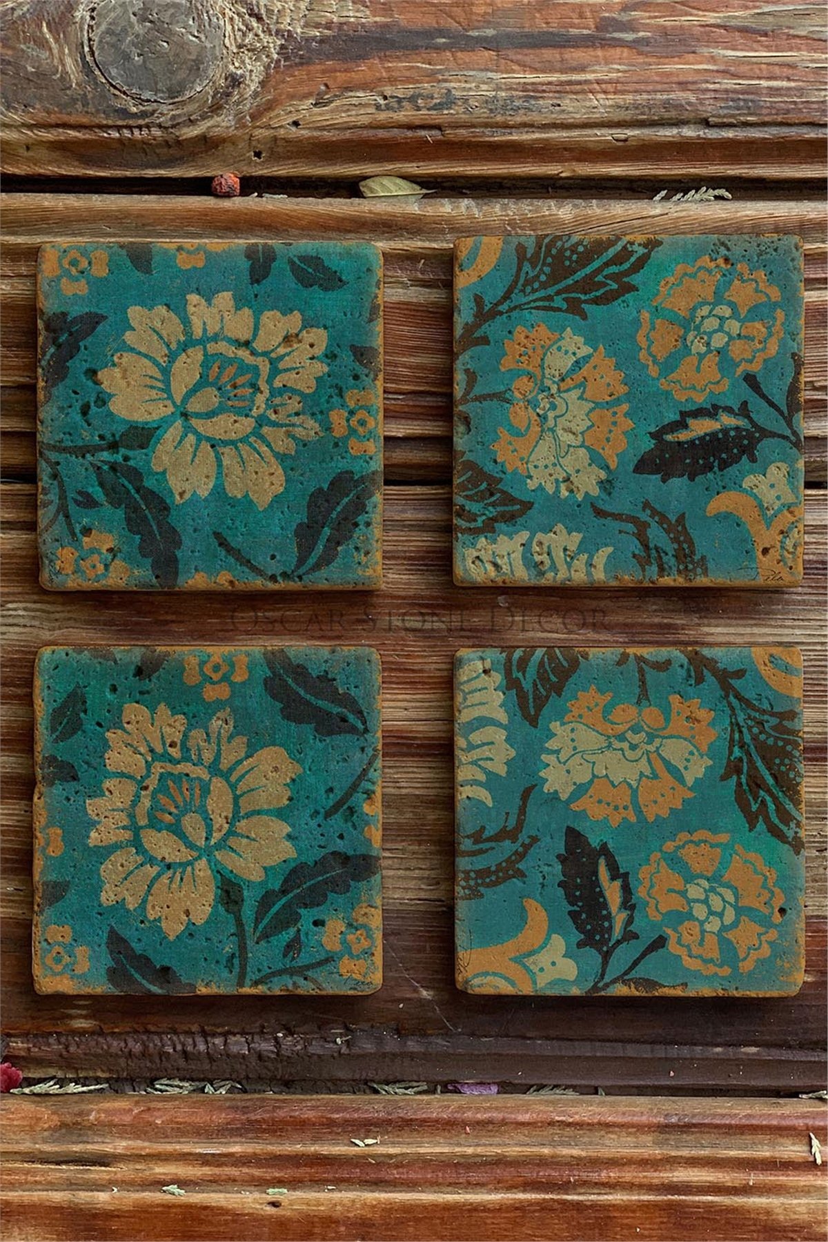 Oscar Stone Decor Baskılı Doğaltaş Bardak Altlığı 4'lü Set Desen Tile