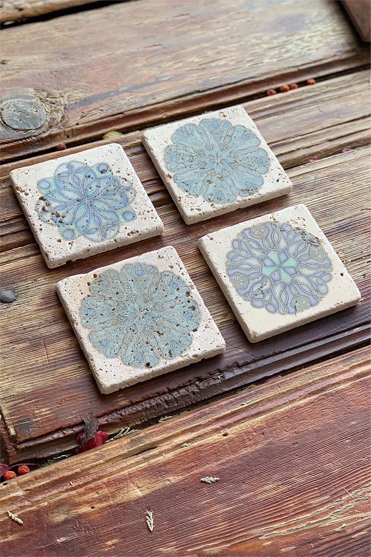 Oscar Stone Decor Baskılı Doğaltaş Bardak Altlığı 4'lü Set Desen Tile
