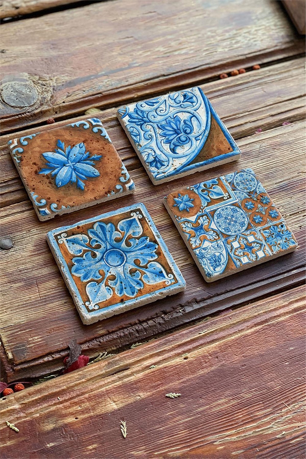 Oscar Stone Decor Baskılı Doğaltaş Bardak Altlığı 4'lü Set Desen Tile
