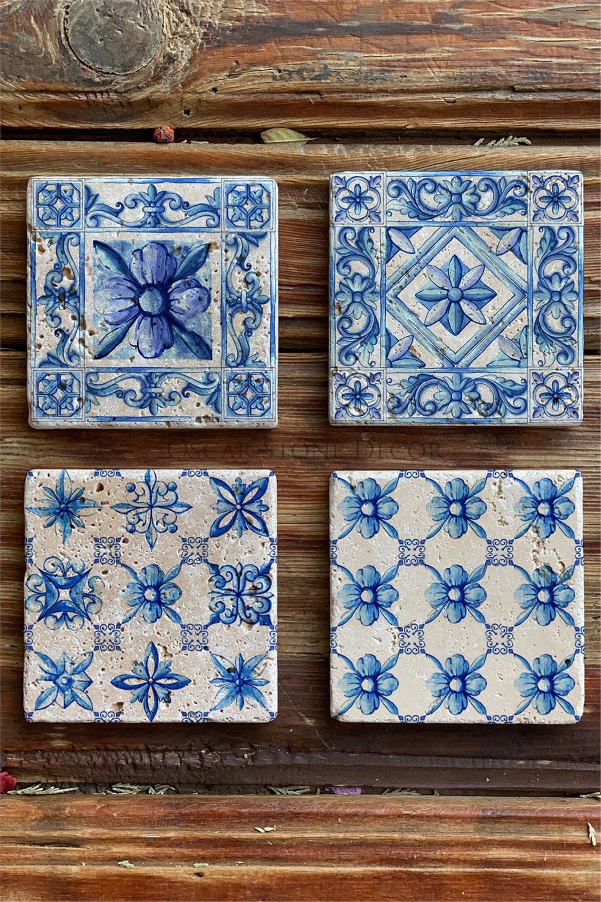 Oscar Stone Decor Baskılı Doğaltaş Bardak Altlığı 4'lü Set Desen Tile